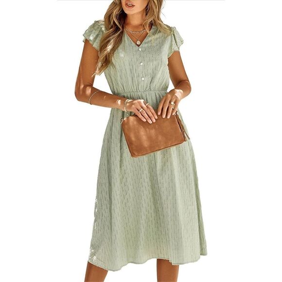CECEVE Elegant Eyelet V Neck Ruffle Swing Midi Boho Dress S - Picture 1 of 5